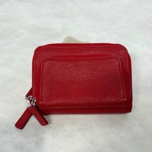 Levenger Red Pebbled Leather Double Zip Compact Wallet Coin Purse